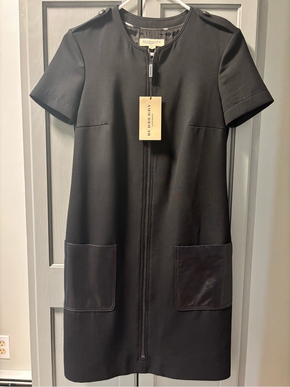 Burberry Black Short-Sleeve Midi Dress with Leather Patch Pockets